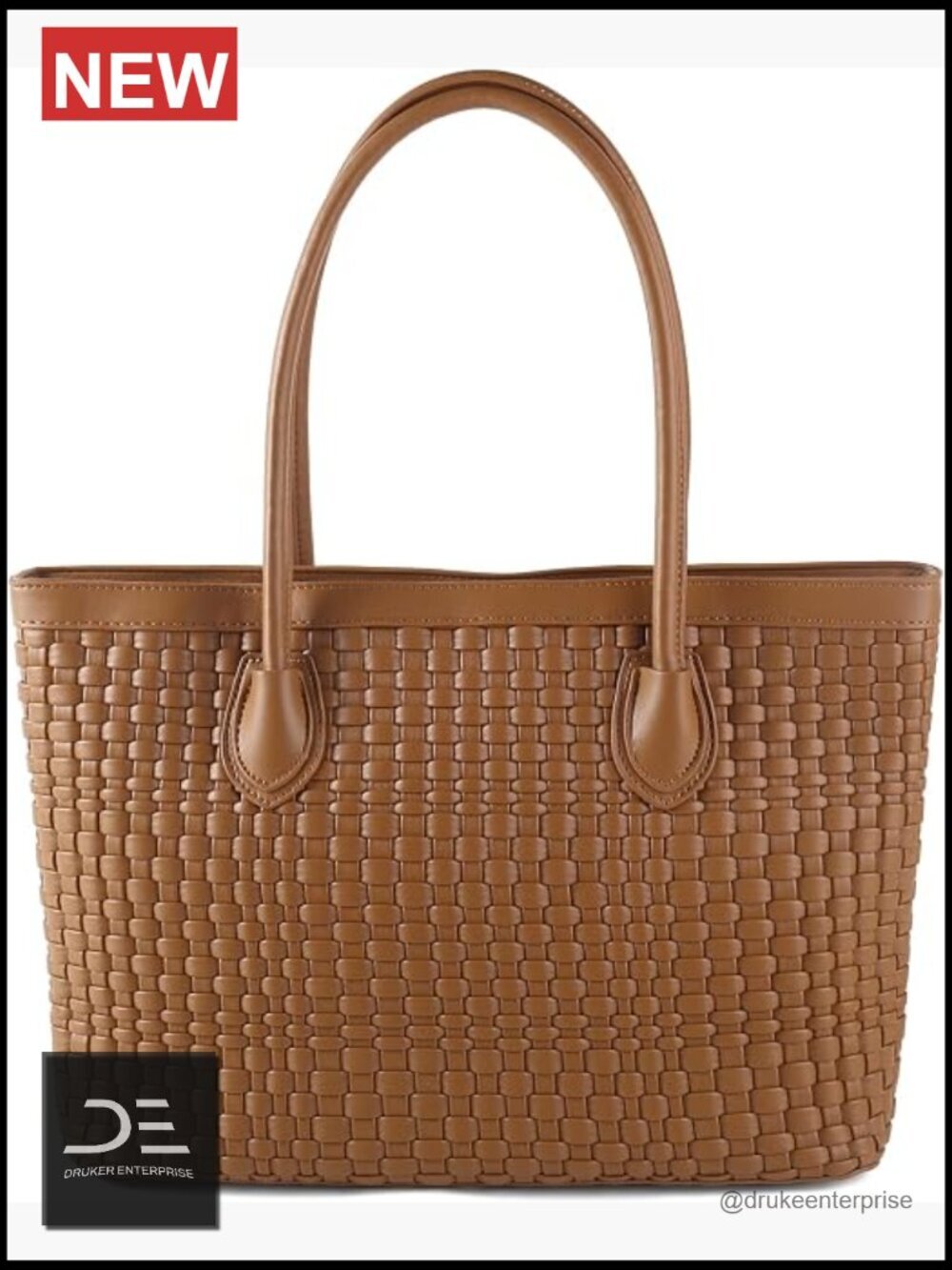 Vegan Leather Woven Tote Handbag with Zip Closure